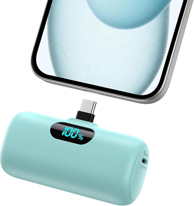 Mini Portable Charger USB C Power Bank,Upgraded 5000mAh PD Fast Charging Battery Pack Built-in USB-C Connector,LCD Display,Compatible with iPhone16,16 Plus,16Pro/Max/15,iPad Pro/Air (Dark Green)