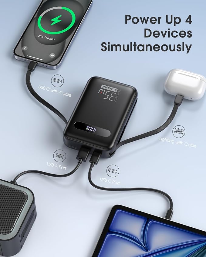 EnergyQC 20000mAh Portable Charger, 35W PD 3.0+QC 4.0 Fast Charging Power Bank with Built-in Lightning & USB-C in&Out Cables, Travel Battery Pack for iPhone 17/16/15/14, Samsung, iPad, Android, Black