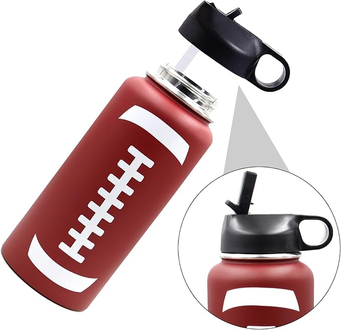 32 oz Football Water Bottle, Wide Mouth Sports Cup Flask Metal Travel Mug with 2 Lids, Stainless Steel Double Wall Vacuum Insulated Leakproof Water Bottles, Football Stuff Gifts for Mom Men Boys Girls