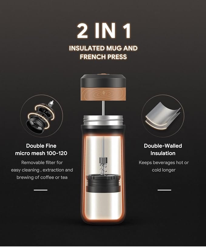 Sesama Classic Portable French Press Coffee Mug 12 oz with Carry Loop, Stainless Steel French Press Coffee Maker, BPA Great for Camping and Travel