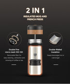 Sesama Classic Portable French Press Coffee Mug 12 oz with Carry Loop, Stainless Steel French Press Coffee Maker, BPA Great for Camping and Travel