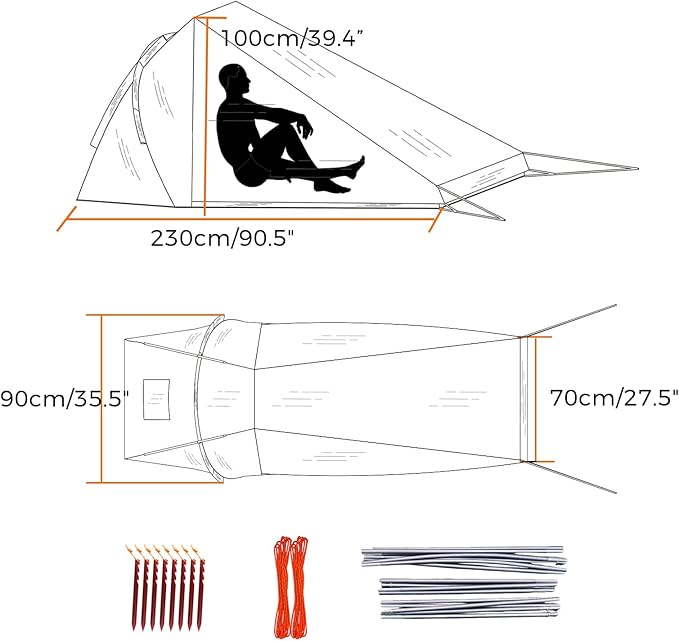 Onewind Ultralight One Person Tent, Single Person Fishing Tent with Rainfly Poles Easy Setup for 3 Season Camping Hiking Backpacking