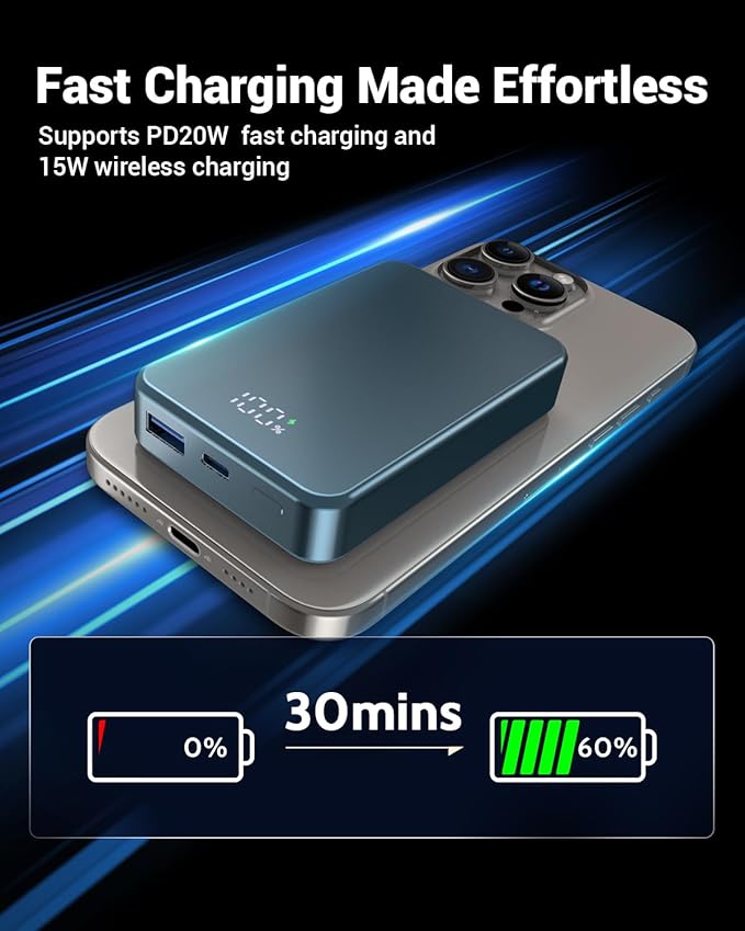 Magnetic Power Bank 26800mAh for Magsafe Portable Charger, Aluminum Alloy Large Capacity 20W USB-C in&Out Wireless Fast Charging for iPhone 17/16 Plus Pro Max/15/14/13/12 Series, Blue