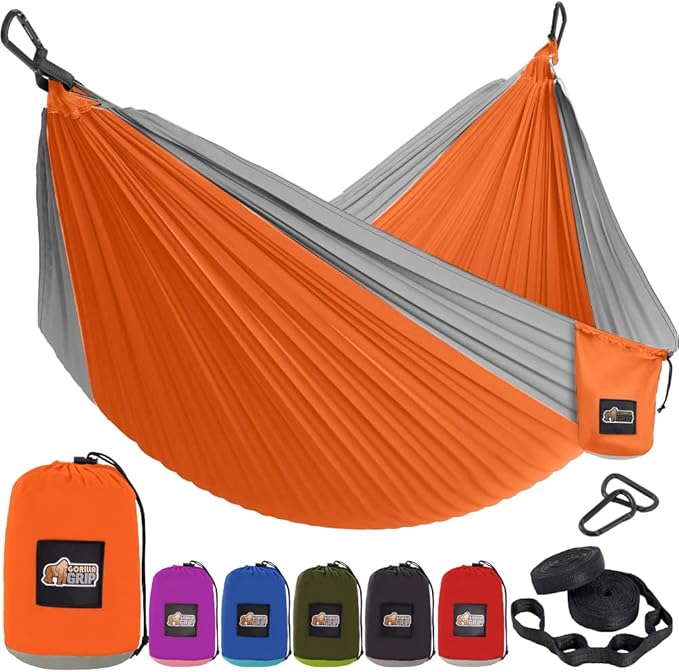 GORILLA GRIP Durable Portable Camping Hammock, Holds 400lbs with Heavy Duty Tree Straps, Comfortable Travel Swing, Camp Hammocks, Easy to Use and Install, Outdoor Essentials, Orange, 9x4.5 FT