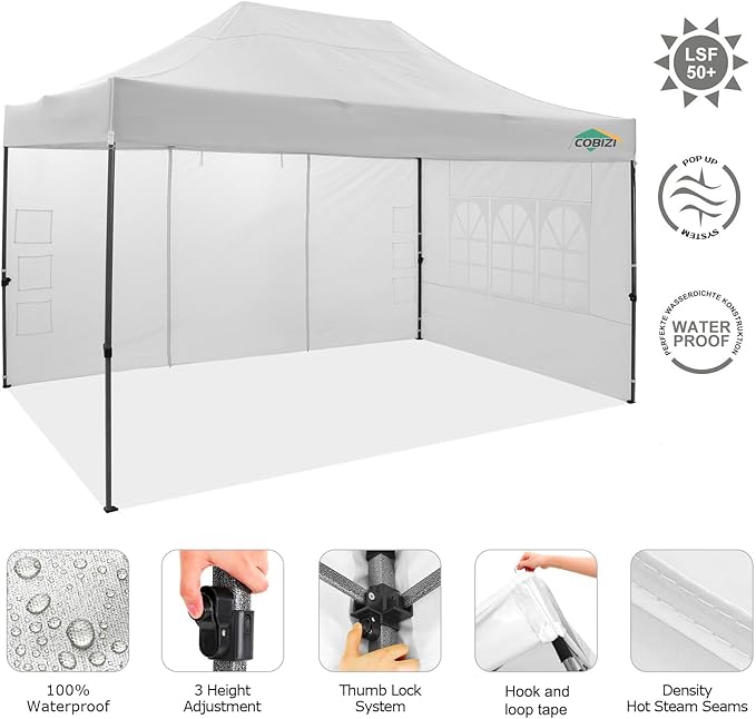 COBIZI 10x15 Pop up Canopy Tent 10x15 Canopy with 4 Sidewalls Waterproof Heavy Duty Commercial Canopy Tent for Parties Outdoor Tent Garden Gazebo Tent, Carry Bag(10x15ft, White)