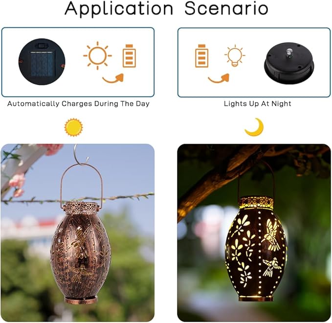 Stargarden Solar Lantern, 2 Pack Decorative Lanterns Outdoor Waterproof Solar Lights Outdoor, Hollow Out Hummingbird Pattern Hanging Lanterns for Yard ,Copper