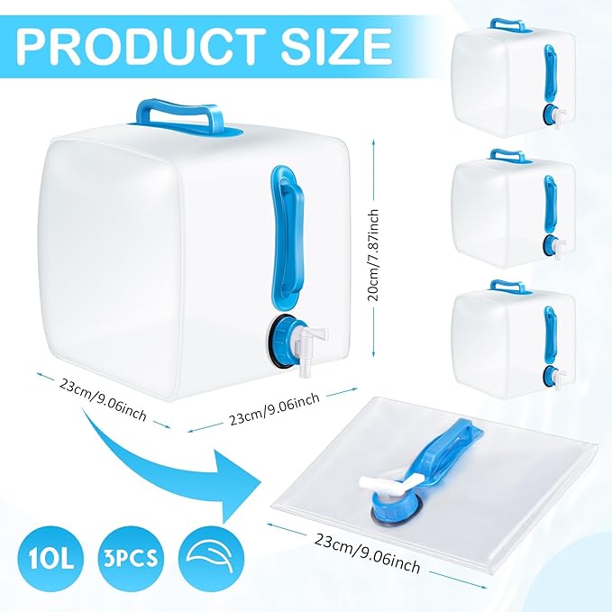 3 Pack Collapsible Water Container with Spigot, Foldable Camping Water Container Portable Camping Storage Carrier Jug for Outdoors Hiking Emergency Kit Backpack(Blue,2.6 Gallon)