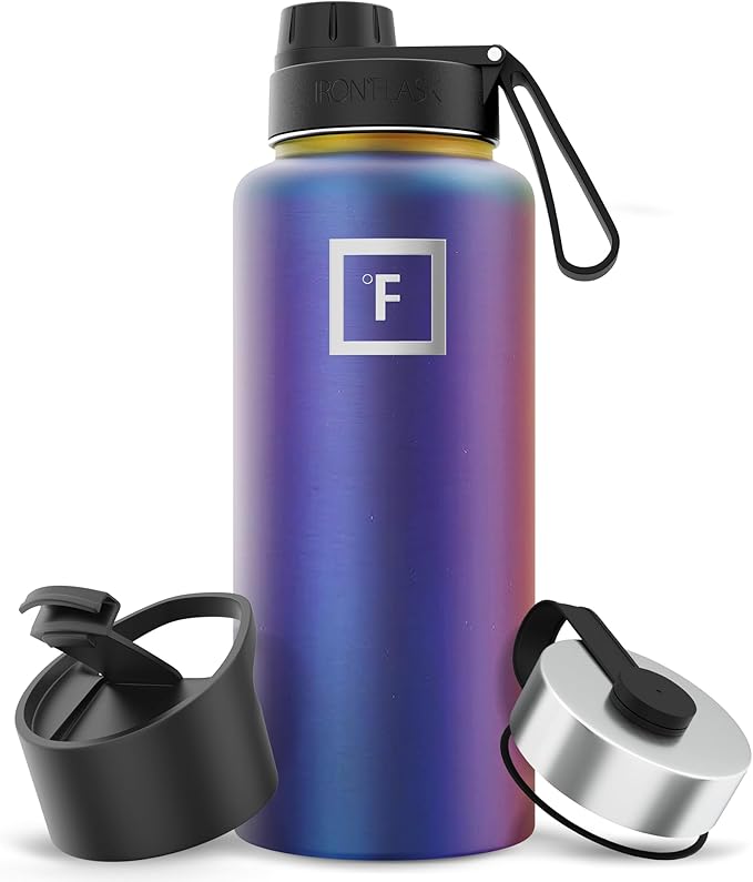 IRON °FLASK Camping & Hiking Hydration Flask with 3 Lids - Stainless Steel, Double Walled & Vacuum Insulated Water Bottle - Leak Proof & BPA Free (Aurora, Spout - 32 oz)