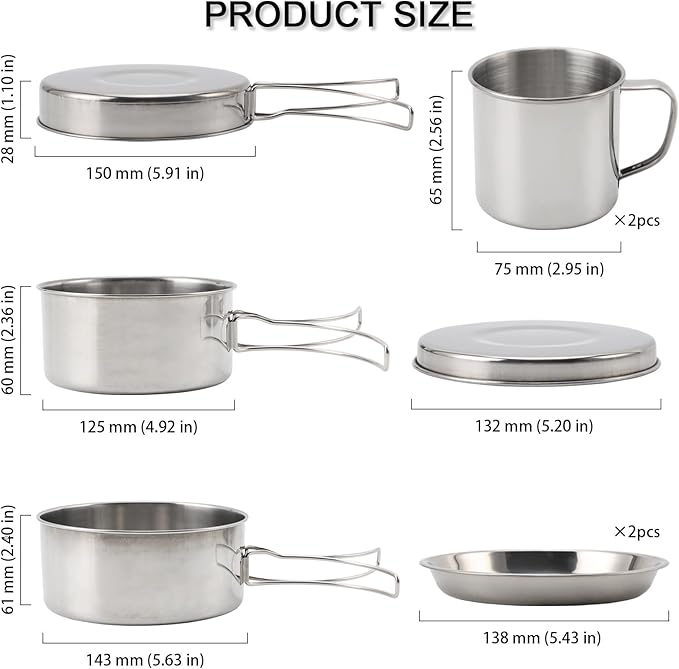 Camping Cookware Mess Kit, 8PCS Stainless Steel Cooking Pot and Pan Set with Plates Cups for Outdoor Camping Hiking Backpacking Lightweight Backpacking Cook Set Stainless Steel Cookware Kit