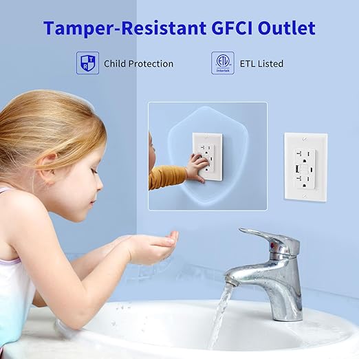 20 Amp Self-Test GFCI Outlet Combination with USB Type A and Type-C, Tamper Resistant Thinner Duplex Outlet, in-Wall, USB Charger for Smartphones, Tablets, White, 2-Pack