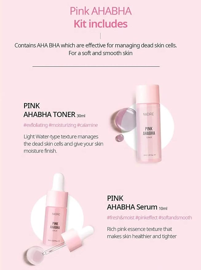 Nacific Pink AHA BHA Kit ( Cleansing Foam, Toner, Serum, Cream ) Travel Size Skin Care Set by KOSBEAUTY