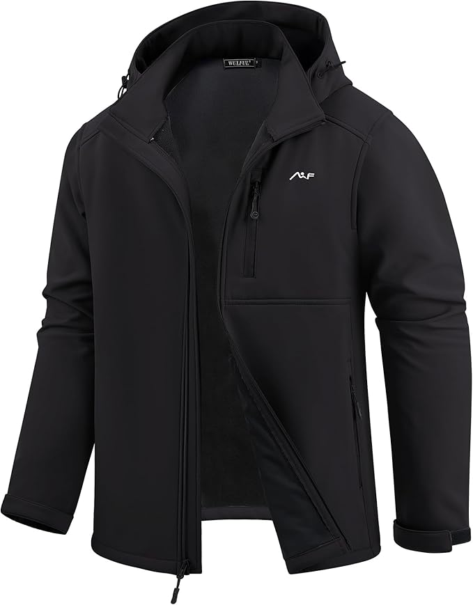 WULFUL Men's Softshell Jacket Waterproof Lightweight Insulated Windbreaker Fleece Lined Rain Shell Jacket for Hiking Travel