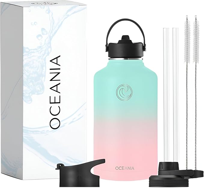 Oceania Flask 64oz Stainless Steel Water Bottle | Modern, Leakproof, Hydro BPA-Free, Insulated Water Bottle with 3 Lids, 3 Straws & 2 Straw Cleaning Brushes | Simple Camping & Hiking Water Bottles