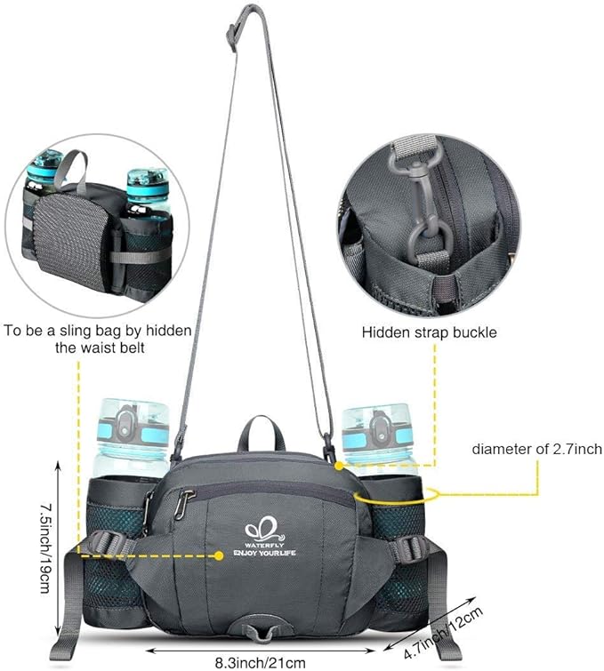 WATERFLY Fanny Pack Waist Bag: Fannie Pack 2 Water Bottle Holders Lumbar Belt Hiking Walking Running Jogging Camping Large Woman Man (Bottle Not Included)