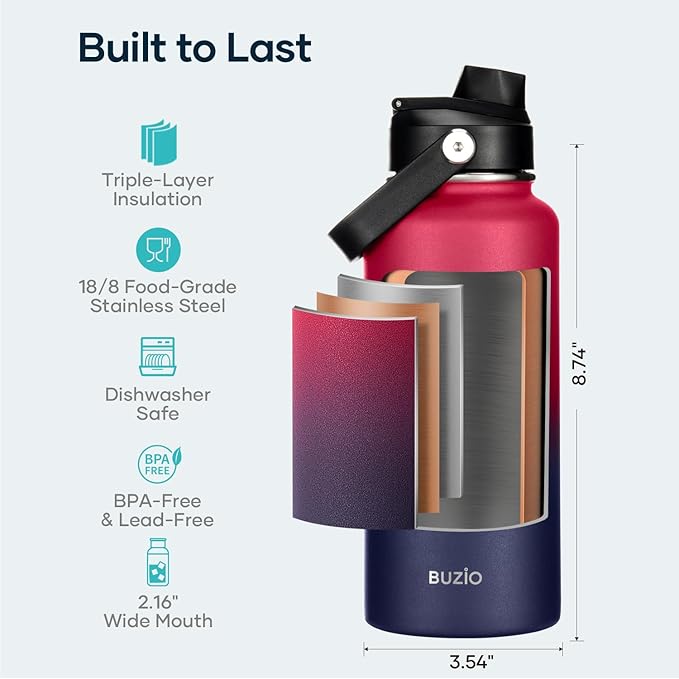 BUZIO 32oz Insulated Water Bottle, Triple Wall Vacuum Stainless Steel Water Flask with Straw Lid, BPA-Free Leakproof Sports Canteen for Sports Hiking, Cold 48H & Hot 24H- Ruby Red Navy