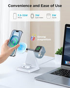 Magnetic Wireless Charger for iPhone - 3-in-1 Fast Charging Station Compatible with MagSafe Charger iPhone 16-12 Series Apple Watch AirPods for Nightstand Desktop Bedside (White)
