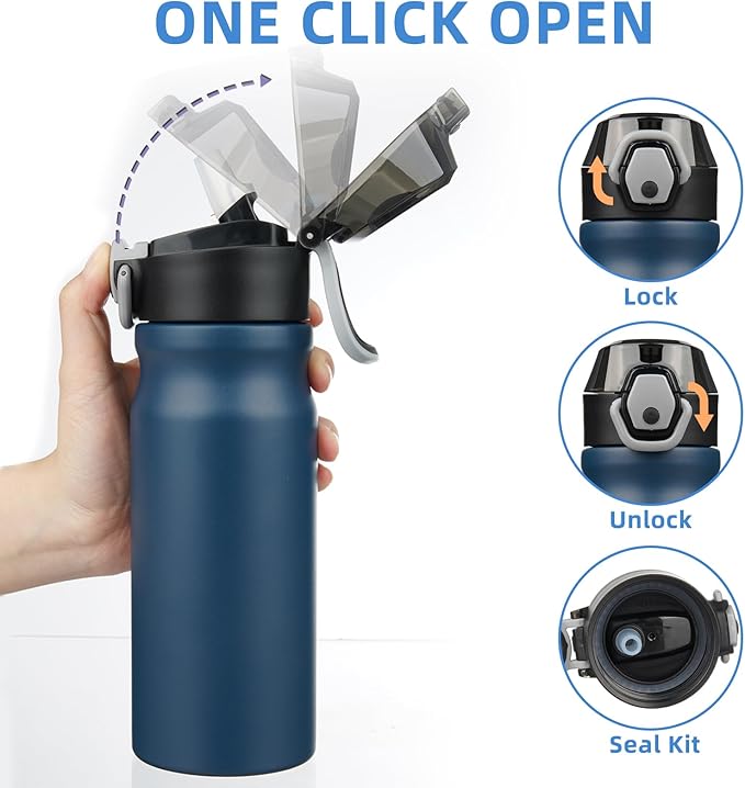 BJPKPK Insulated Water Bottle 18oz Stainless Steel Water Bottles With Straw And Carry Handle Double Wall Metal Thermo,Navy Blue