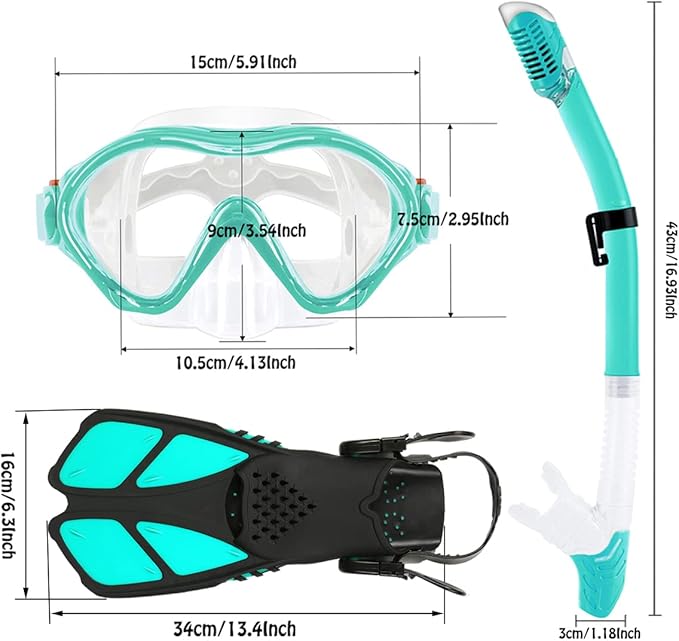 Kids Mask Fins Snorkel Set Snorkeling Packages, with Diving Mask, Snorkel, Adjustable Swim Fins, Mesh Bag, Anti-Fog Anti-Leak Snorkeling Gear for Kids for Snorkeling Swimming Diving