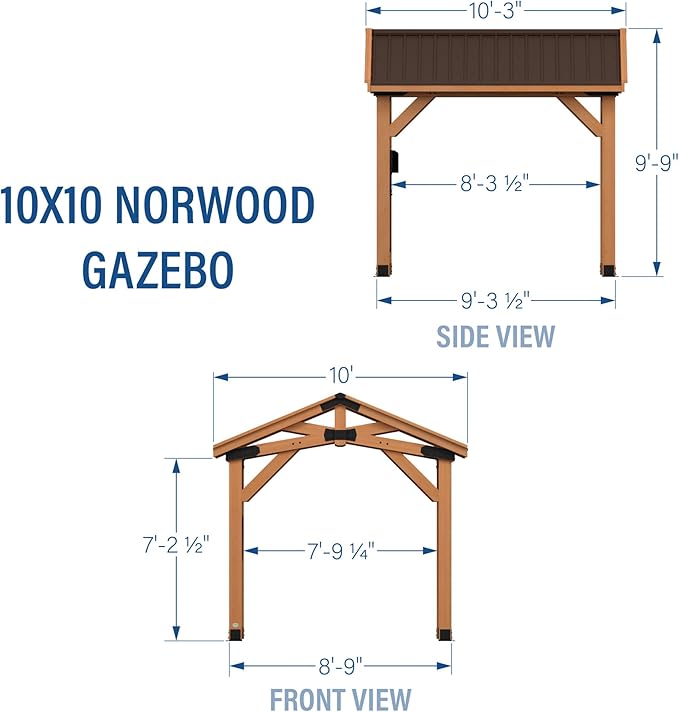 Backyard Discovery Norwood 10' x 10' Cedar Wood Outdoor Gazebo Pavilion with Hardtop Galvanized Steel Peak Roof, Snow Support, Wind Resistance, PowerPort, Shade for Garden, Patio, Deck, Entertaining