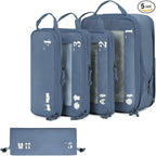 ECOHUB 5 Set Compression Packing Cubes for Suitcases Organiser Bags Set Travel Essentials with Shoe Bag for Traveling Tear-resistant Travel Accessories with ID Tag Expandable Packing Bags(All Blue)