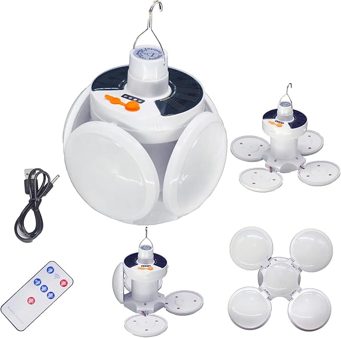 Folding Camping Solar Lamp Lights Waterproof Hanging Tent Collapsible Lantern 4000mah Remote Control Blub LED USB Rechargeable Foldable Portable for Home Indoor Outdoor Emergency Power Outage 1 Pack