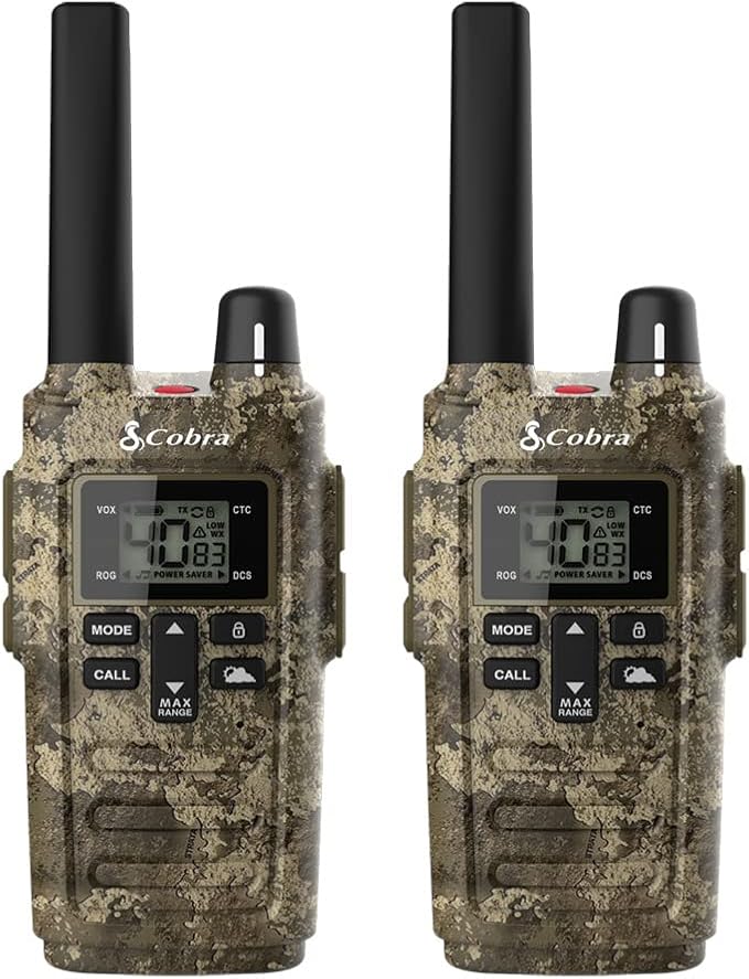 Cobra RX380 Walkie Talkies (2-Pack) – Weather Resistant Two Way Radios Long Range, 40 Pre-Programmed Channels, Weather Alerts, LED Flashlight, Long-Life NiMH Batteries (TrueTimber Strata Camo)