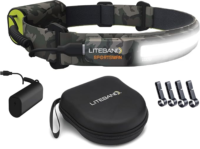 Liteband PRO Bundle 1000 Lumens LED Headlamp Rechargeable Battery Powered, Bright Tactical Head Lamp Flashlight Hard Hat Light, Mechanic Lamps, Camping, Running, Best Rated For Forehead, Camo