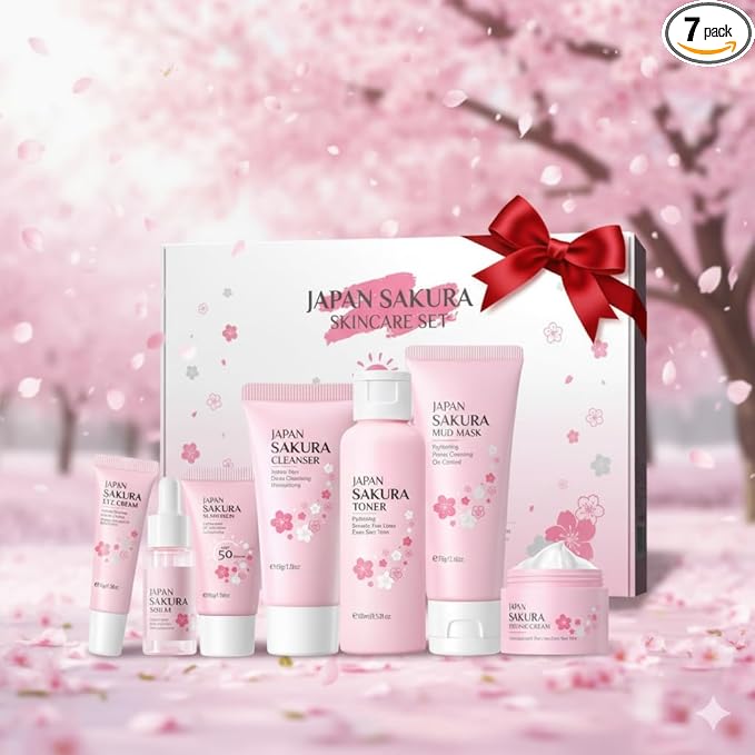 Sakura Skin Care Set, Skincare for Girls 10-12, 7Pcs Skincare Gift Set for Teens Complete Skincare Routine, Travel Size Skincare Set with Mud Mask, Kids Skin Care Set for Girls Ages 8-12
