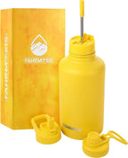 64 Oz Water Bottle with Straw Stainless Steel Sports Water Bottle with 3 Lids (Straw, Chug and Flip Lid) Leak Proof Metal Half Gallon Jug for Men & Women - Yellow