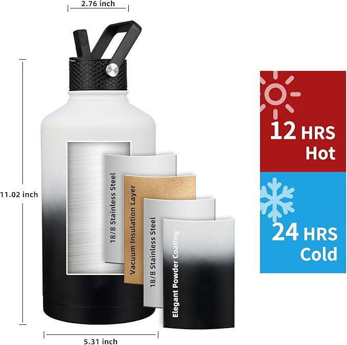 Insulated Water Bottle 87oz,Triple Wall Vacuum Stainless Steel(Dishwasher Safe),Leak Proof & Non-BPA,Flask Jug with Paracord Handle & Straw Spout Lids Sports Gradient black