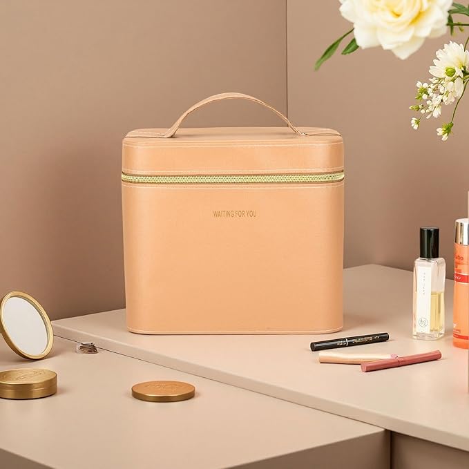 Fashion makeup box, Portable leather hard cosmetic case with mirror, Professional train case make up box for women adults. (Double- yellow)