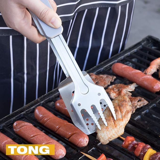 ROXON 4 in 1 Mini Folding BBQ Barbecue Combo Tool Set with Spatula, Fork, Tongs and Bottle Opener for Hiking Camping (Grey)