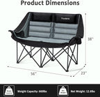 Oversized Camping Chair, Double Folding Loveseat Camping Couch with Pocket, Cup Holder and Carry Bag, Heavy Duty Portable Camping Chairs for Adults, Fishing, Sports, Trip, up to 660lbs, Black