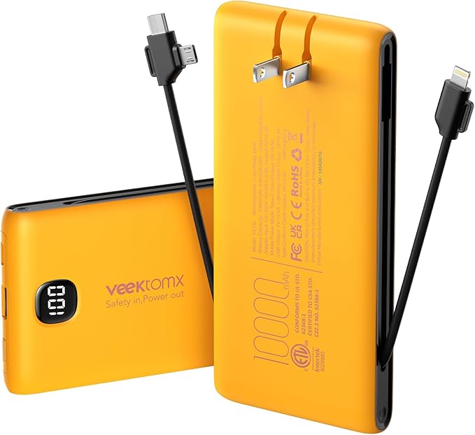 Portable Charger Power Bank Built in Cables and Wall Plug, 10000mAh iPhone Battery Pack Fast Charging, USB C External Slim Power Bank, Travel Essentials Compatible with iPhone 16 15 14 13 iPad, Yellow