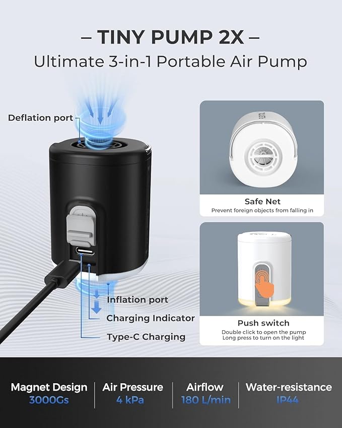 FLEXTAILGEAR Portable Air Pump with Camping Lantern Tiny Pump 2 / 2X 4kPa Air Pump for Inflatables Rechargeable Air Mattress Pump with Magnetic Design for Sleeping Pads, Pool Floats, Swimming Rings