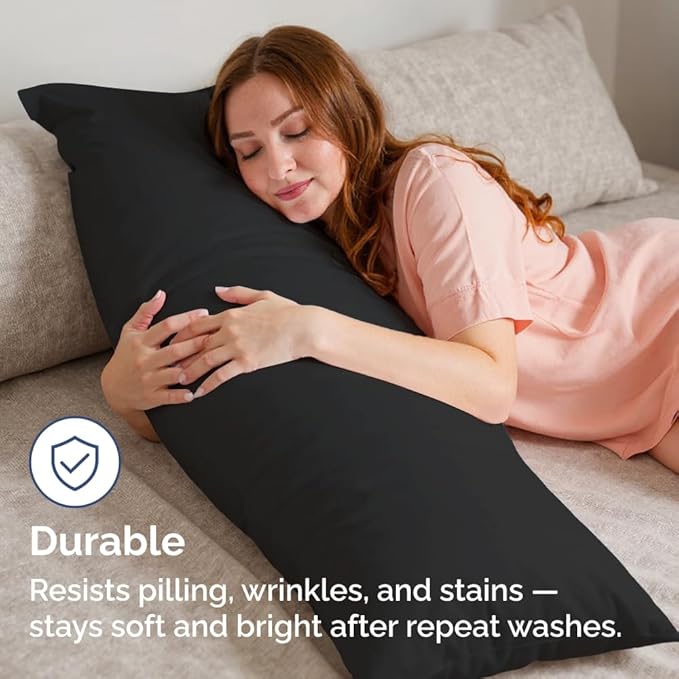 Long Pillowcases - Body Pillow Cover - Long Pillow Insert for Sleeping, Side Sleepers - Soft & Breathable Body Pillow Case with Envelope Enclosure - Comfy, Cozy & Machine Washable - 20" x 54" (Black)