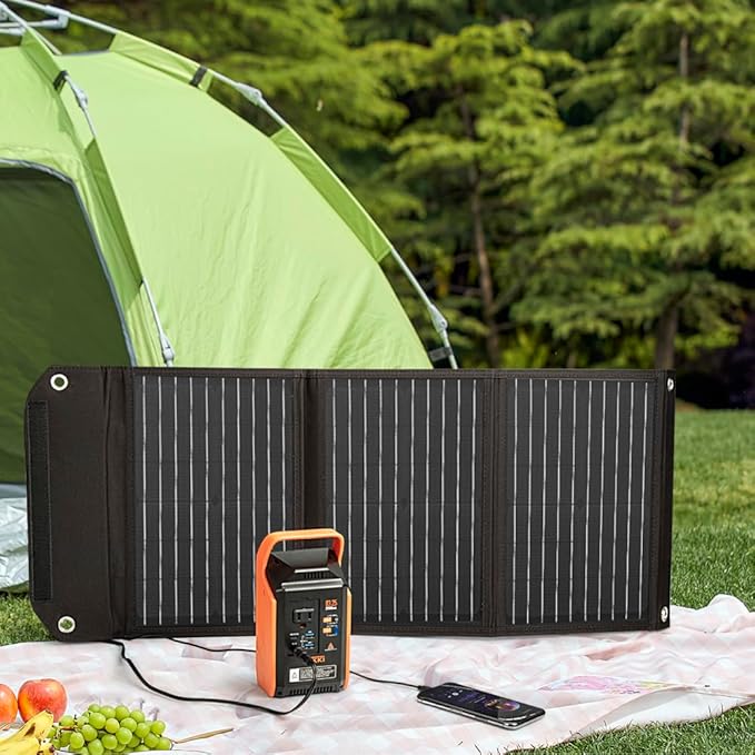 Takki 30W Solar Panel, Foldable Solar Panel Battery Charger Kit with USB DC Type-C Ports for Phones Laptop Portable Power Station Generator Camping Tent Home Off-Grid RV Outdoor, 10 Connectors