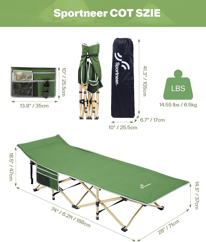 Sportneer Camping Cot: 1200D Double Layer Oxford Camping Cots for Adults - Heavy-Duty Foldable Cots for Camping Travel Tent Day Outdoor & Home Guest, Camping Cots with Mattress Carry Bag & 2 Pockets