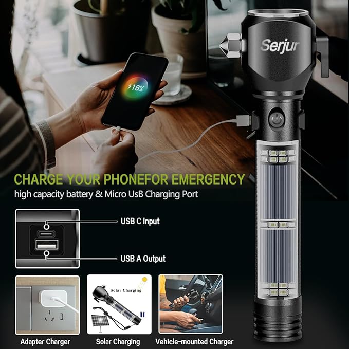 Rechargeable Solar Powered Flashlight,Multi Function LED Tactical Flashlight with Glass Breaker,Seatbelt Cutter,Alarm and Phone Charger,Powerful Handheld Flashlights for Emergencies Camping