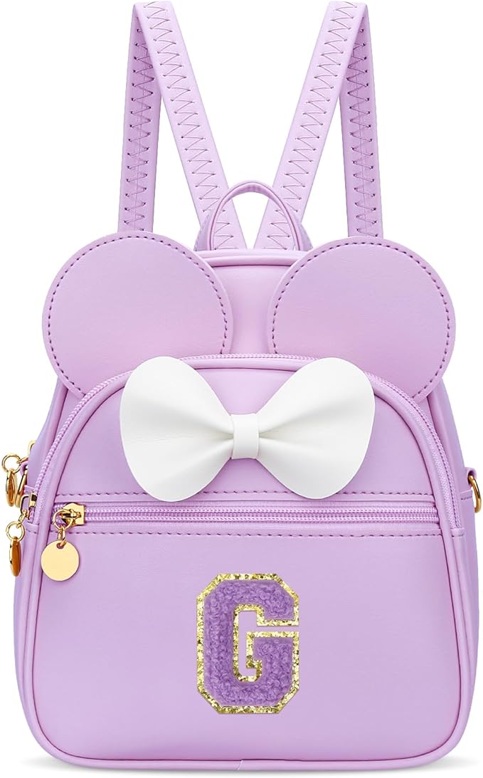 KKXIU Girls Initial Bowknot Cute Mini Backpack for Toddler, Travel Small Girl Backpacks, Personalized Birthday Gifts for Little Girls and Kids(G, Purple)