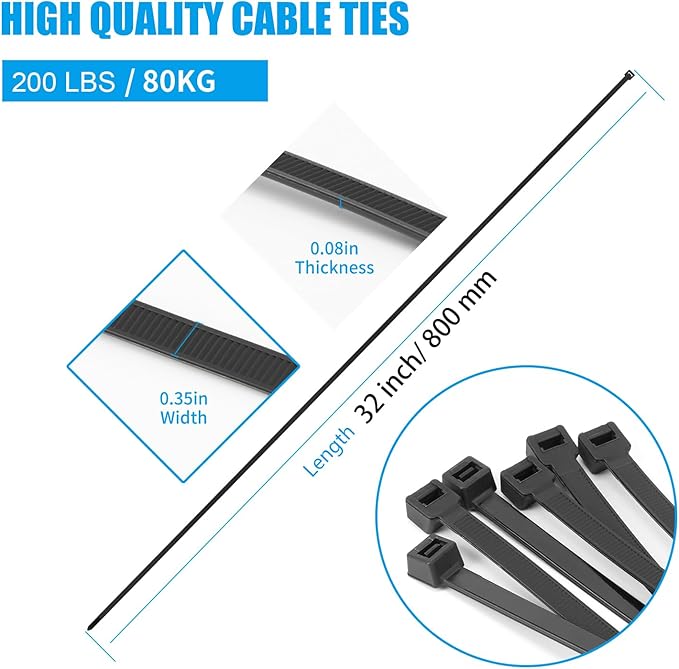 Armpow 32 inch Black Zip Ties Heavy Duty 30 PCS, 200LBS Ultra Exclusive Strong Plastic Wire Ties, Large Cable Ties Extra Long Tie Wraps, Indoor and Outdoor UV Resistant