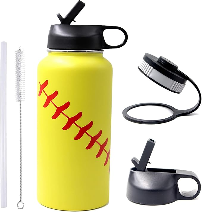 32 oz Softball Water Bottle, Wide Mouth Sports Flask Metal Travel Mug with 2 Lids, Stainless Steel Double Wall Vacuum Insulated Water Bottles, Softball Accessories Stuff Gifts for Mom Men Boys Girls