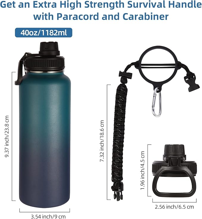 Volhoply Insulated Water Bottles Bulk 2 Pack, 40 oz Stainless Steel Sports Bottle with Paracord Handle & Spout Lid, Reusable Double Walled Vacuum Travel Cups for Adults Hiking(Dark Night,2 Set)