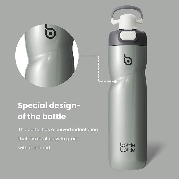 BOTTLE BOTTLE Insulated Water Bottle 24 oz with Handle and Flip Tops Lids Stainless Steel Water Bottle Push Button Lid Leak proof Portable for Running Travel Sports Hiking gray