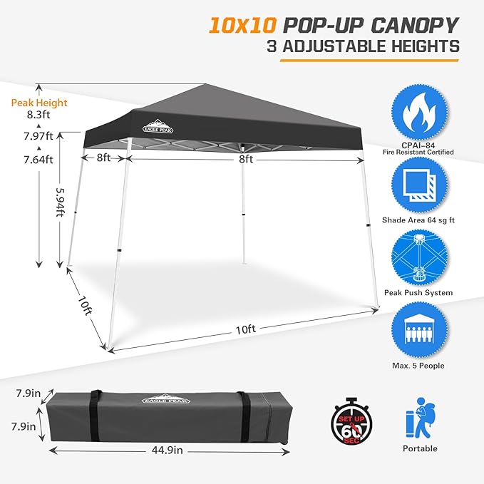 EAGLE PEAK 10x10 Slant Leg Pop-up Canopy Tent Easy One Person Setup Instant Outdoor Beach Canopy Folding Portable Sports Shelter 10x10 Base 8x8 Top (Gray)