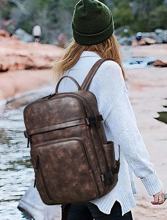 Travel Backpack for Women, Fits 17.0" Notebook, Stylish Lay-Flat Carry-on Vegan Leather Backpack with Luggage Strap for Travel and Daily Use
