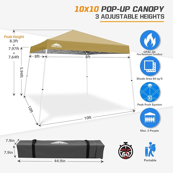 EAGLE PEAK 10x10 Slant Leg Pop-up Canopy Tent Easy One Person Setup Instant Outdoor Beach Canopy Folding Portable Sports Shelter 10x10 Base 8x8 Top (Beige)