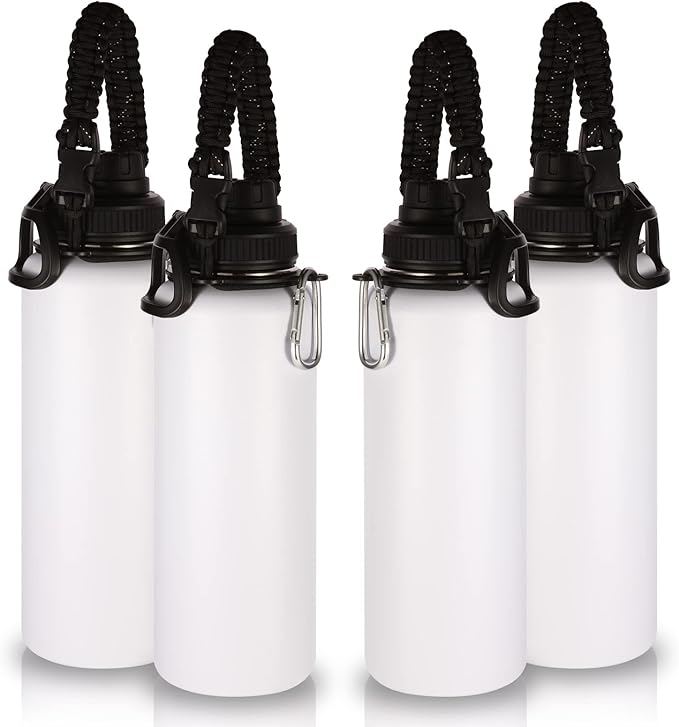 Volhoply Insulated Water Bottles Bulk 4 Pack,Not Suitable for Sublimation, 40 oz Stainless Steel Sports Bottle with Paracord Handle & Spout Lid, Double Walled Vacuum Metal Travel Flask(White,4 Set)
