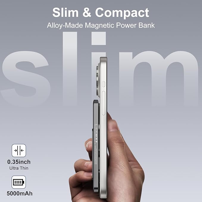 SIXTHGU Magnetic Slim Portable Charger with Stand, PowerMag Q1, [Alloy-Made] Wireless Power Bank (5K-Purple with Stand)
