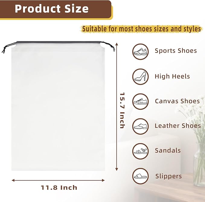 12 PCS Clear Shoe Bags for Travel, 11.8" x 15.7" Travel Shoe Bags for Storage and Packing, Waterproof Drawstring Shoe Bag for Traveling, Travel Essentials for Women and Men
